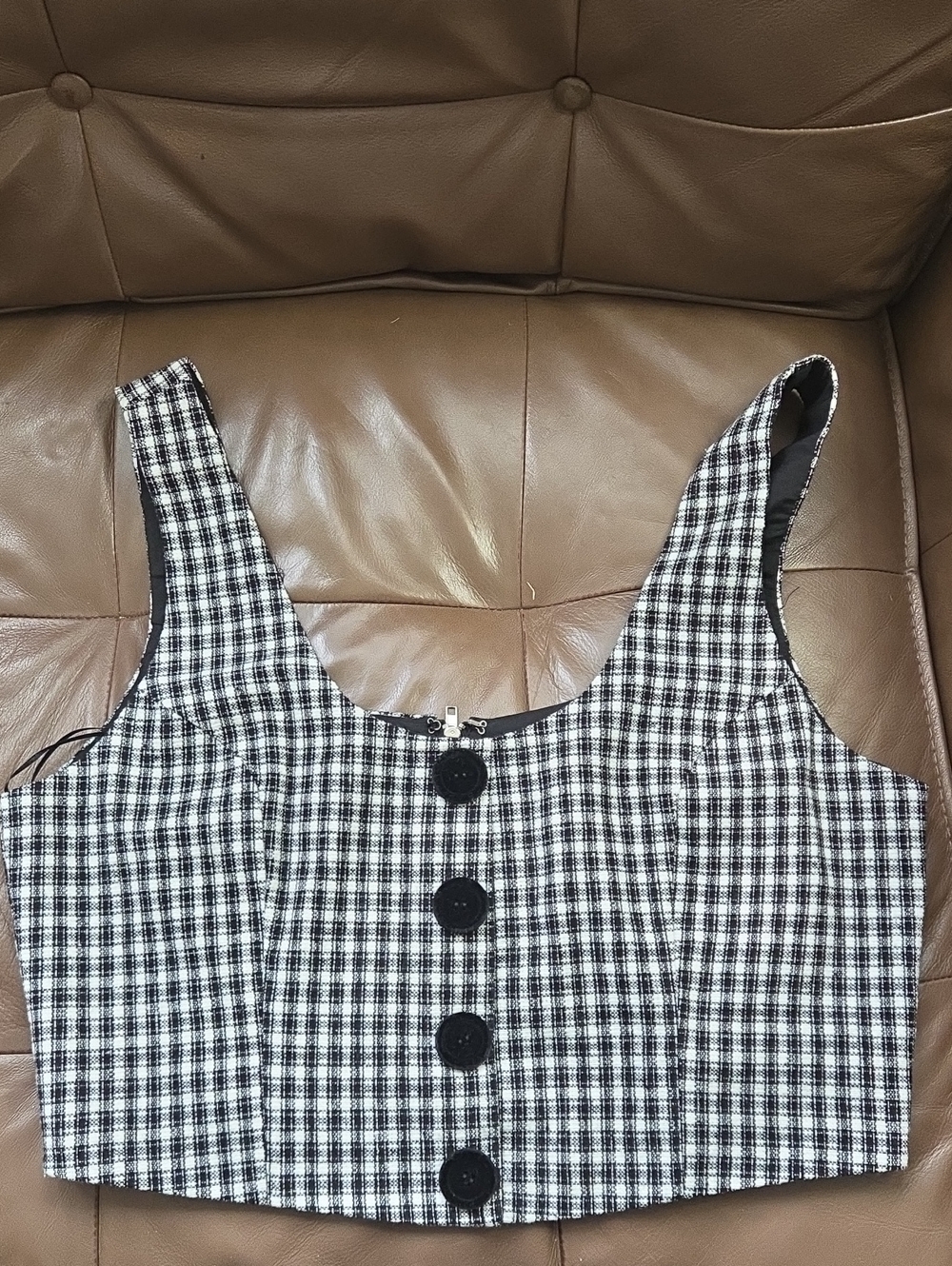 VICI Collection Black White Plaid Button Front Crop Top Large